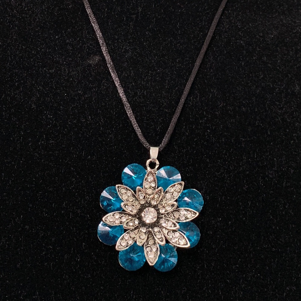 Deep Blue  Rhinestone Silvertone Pendant